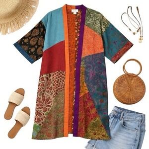Sacred Threads 100% Silk Patchwork Kimono Duster Boho Festival Rare XL EUC